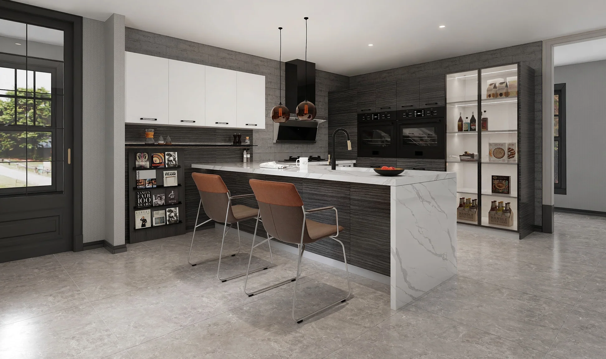 Contemporary kitchen with flat cabinet fronts and layered materials